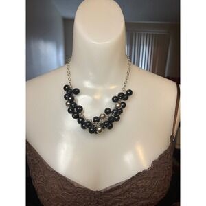 Black Bead Statement Necklace Silver Tone Chain Elegant Party Jewelry